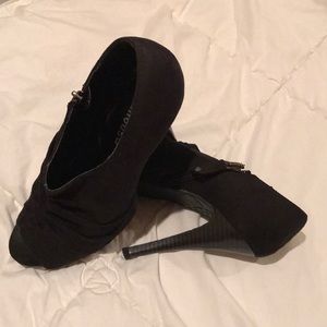 Dollhouse Black Suede Peep Toe Heels